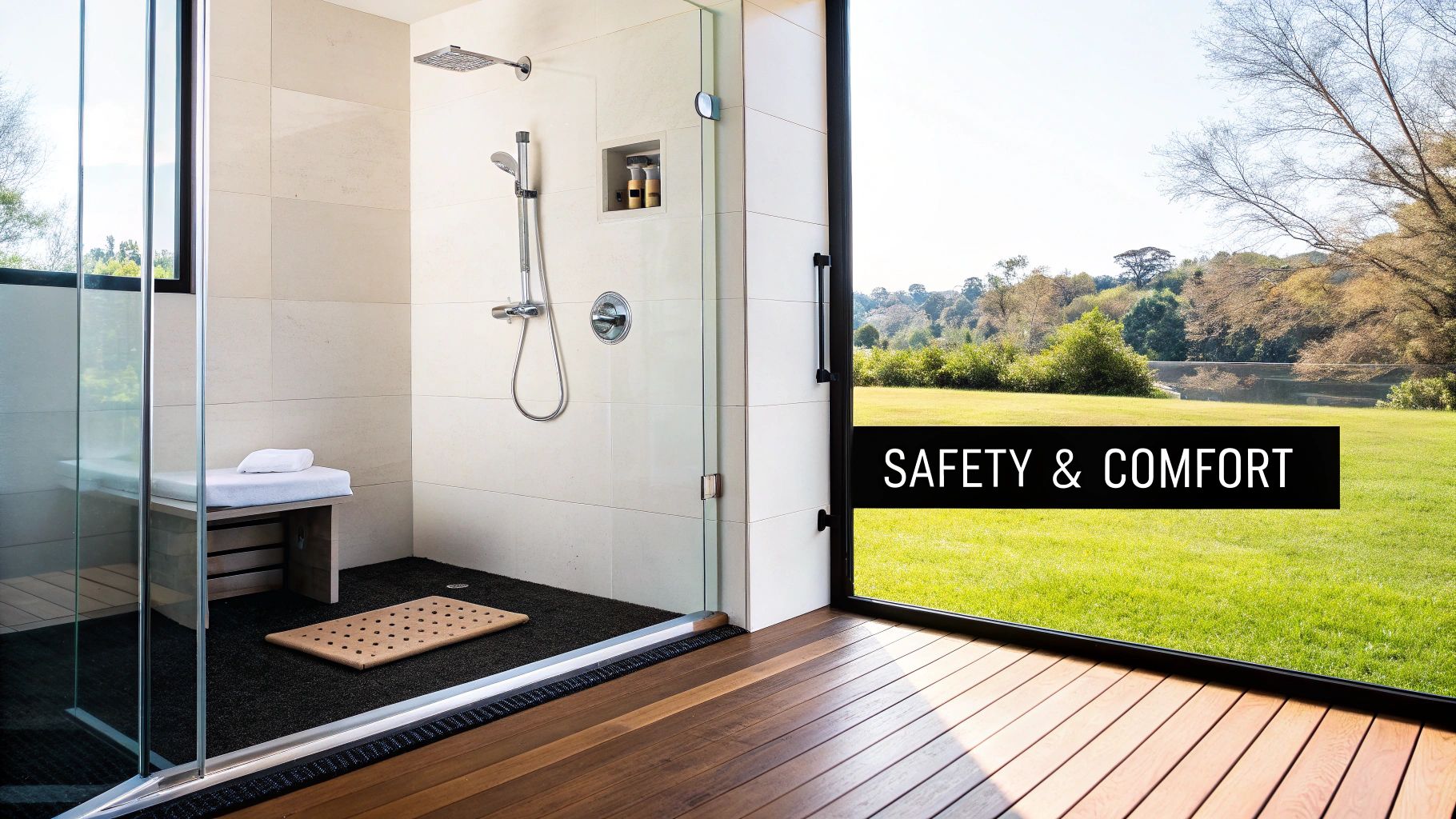 Modern walk-in shower with a built-in seat, rain shower, and a view of a lush green outdoor landscape.