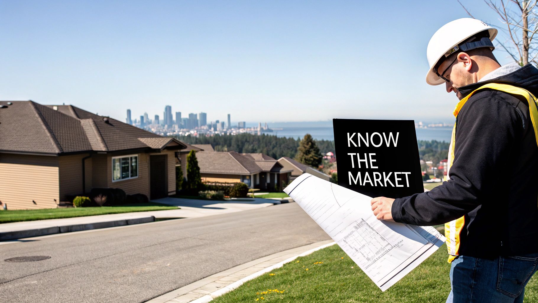 A construction worker in a hard hat reviews blueprints, with a 'KNOW THE MARKET' sign and city view.