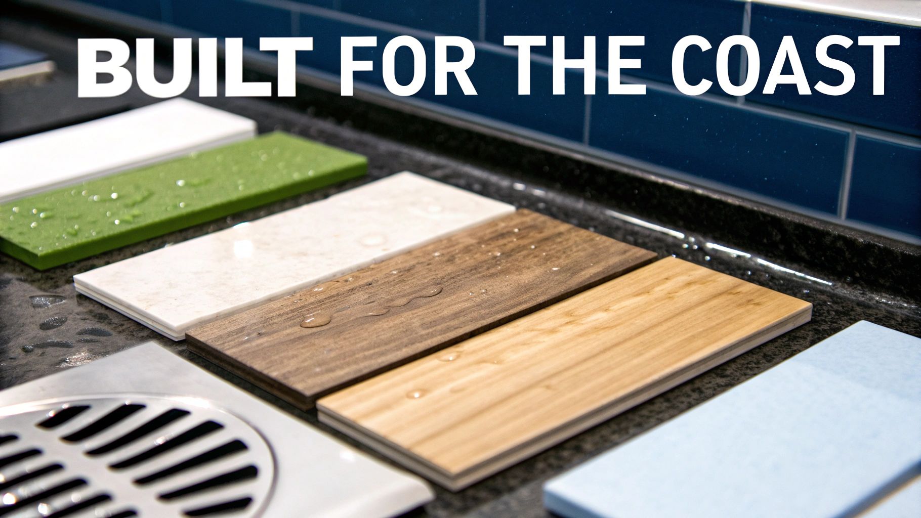 Water-resistant material samples, including green, white, and wood tiles, on a countertop, ideal for coastal environments.