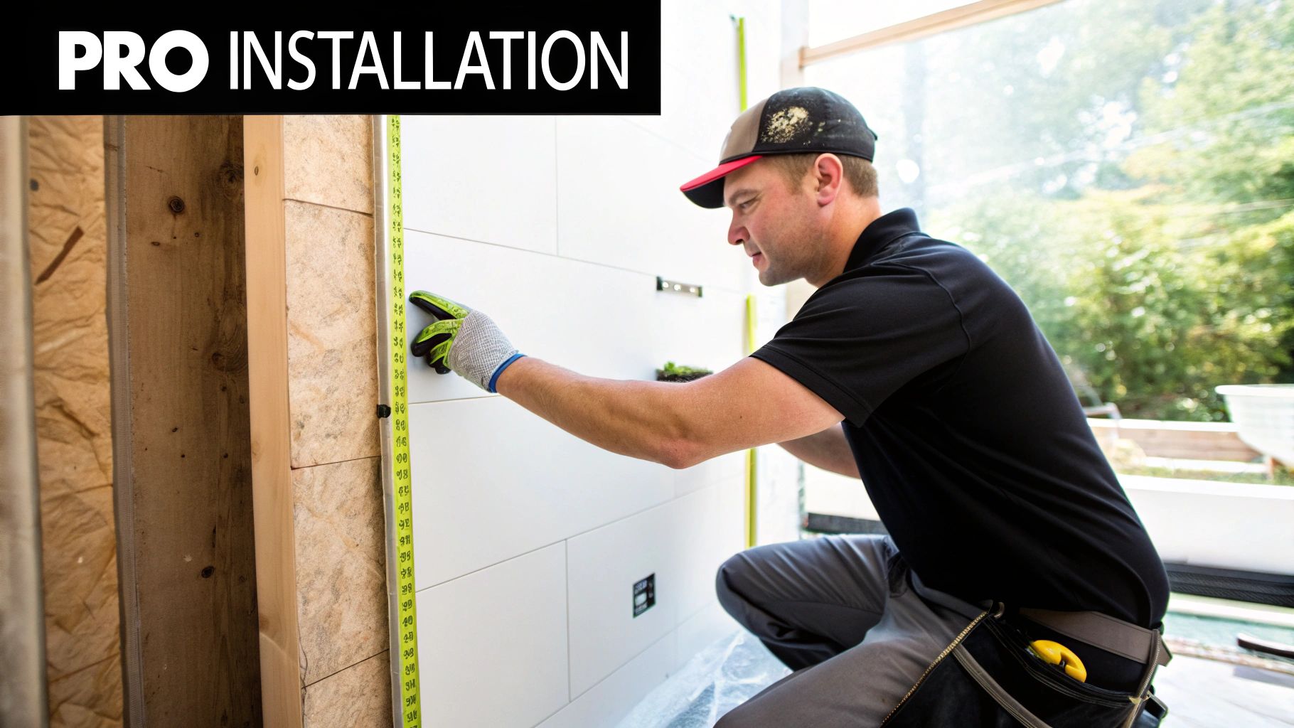 A professional installer measures a white panel wall during construction, emphasizing skilled installation.