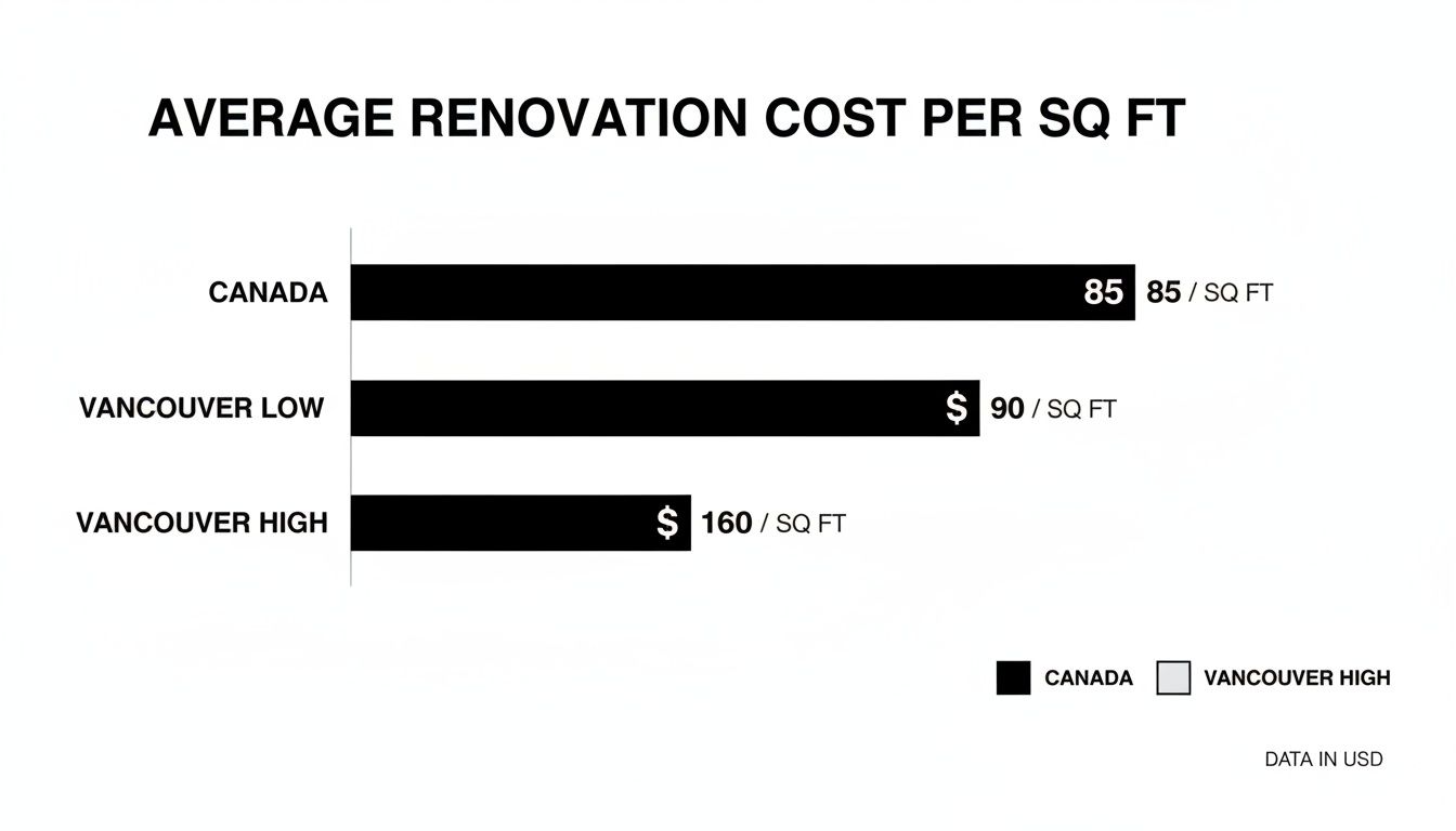 Bar chart comparing average renovation costs per square foot for Canada, Vancouver low, and Vancouver high.