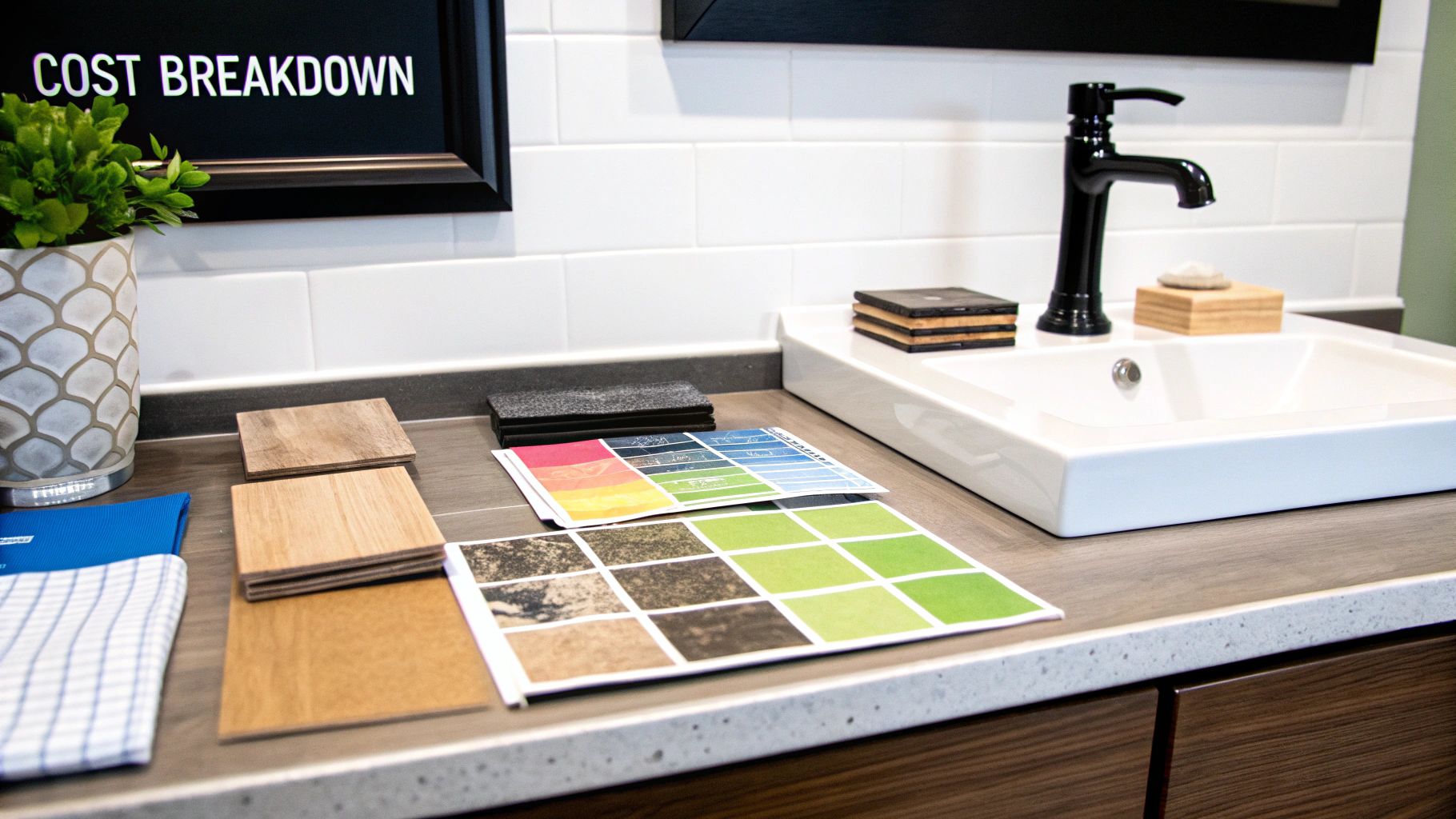 Bathroom vanity with design samples, wood swatches, and color palettes for remodeling.