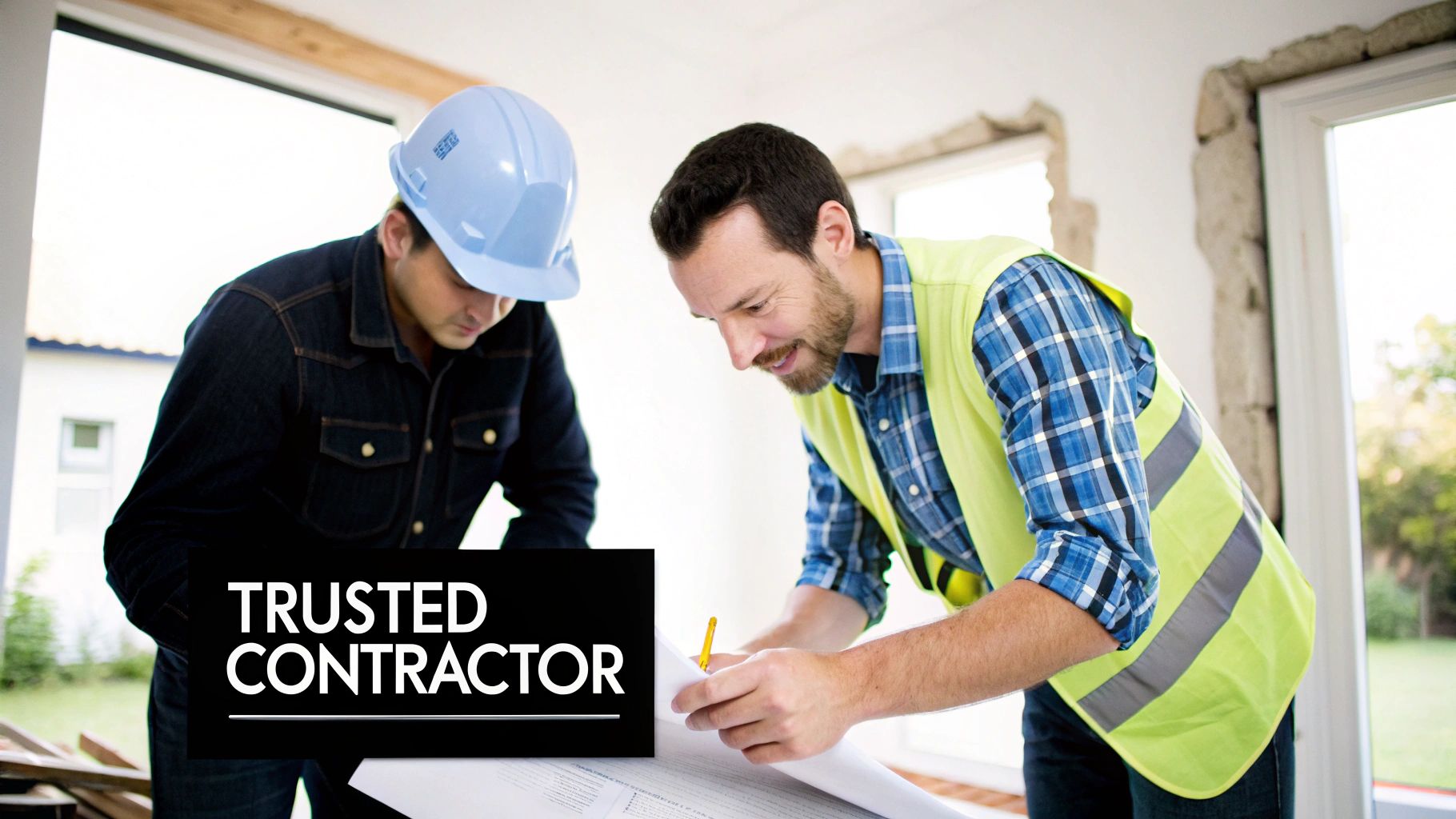 Two trusted contractors in safety gear reviewing blueprints at a residential renovation site.