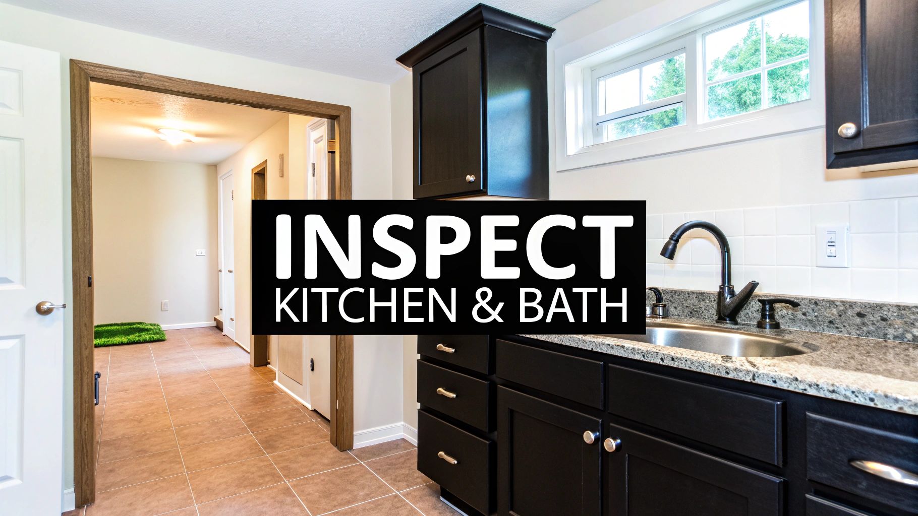 Interior view of a kitchen or bath area featuring dark cabinets, a sink, and a connected hallway.