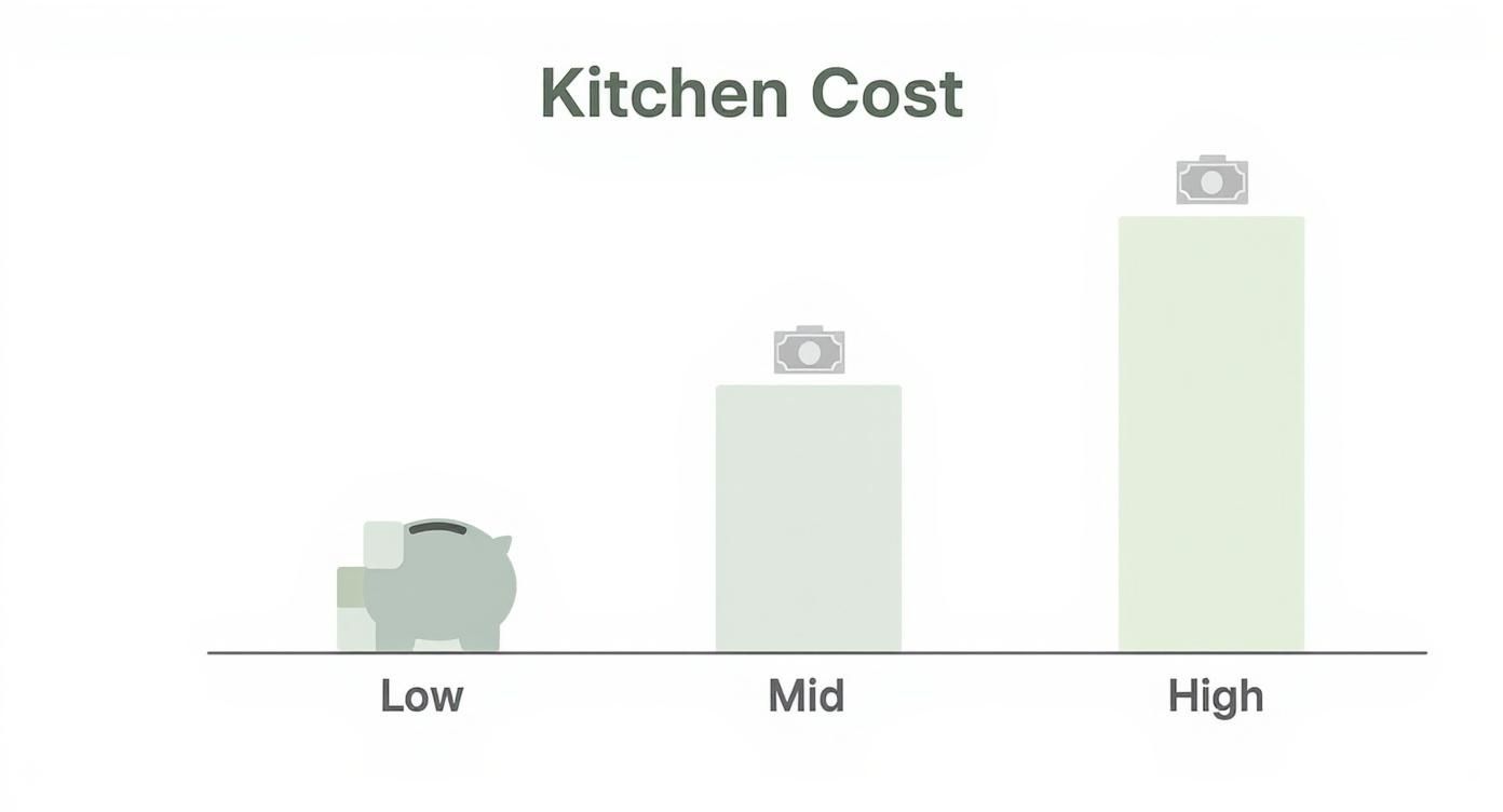Bar chart illustrating low, mid, and high kitchen renovation costs with increasing bars.