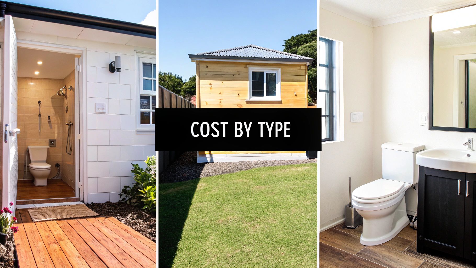 Three panels display small outdoor structures and bathroom interiors, featuring text 'COST BY TYPE'.