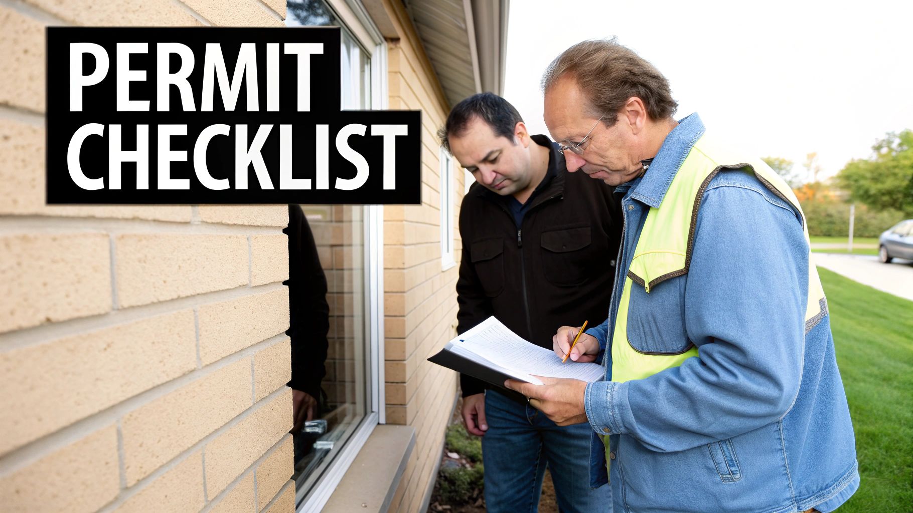 Two men, one wearing a safety vest, review a permit checklist and documents outside a brick house.