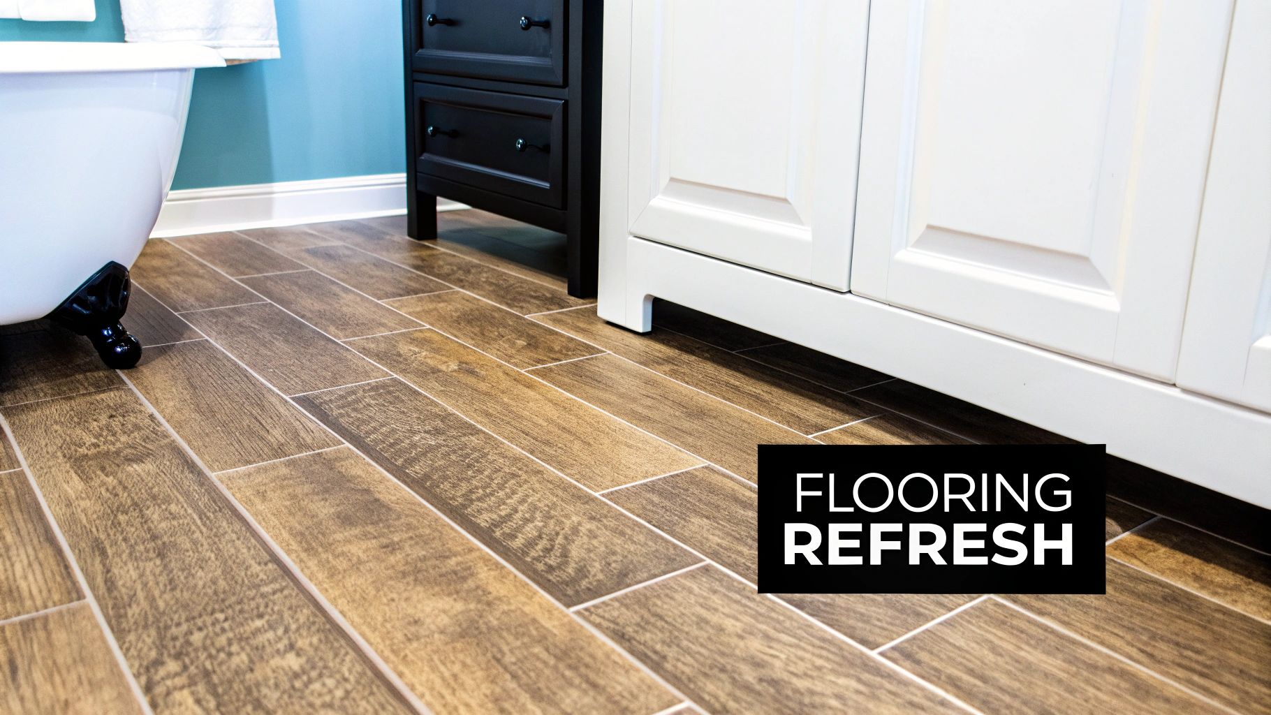Wood-look tile flooring refresh in modern bathroom with white cabinets and black vanity