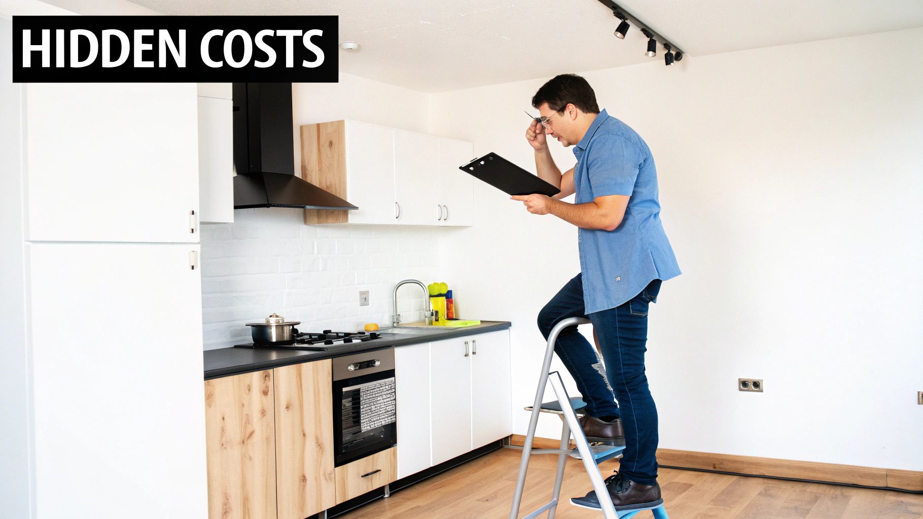 A man on a stepladder inspects a modern kitchen, highlighting potential hidden costs.