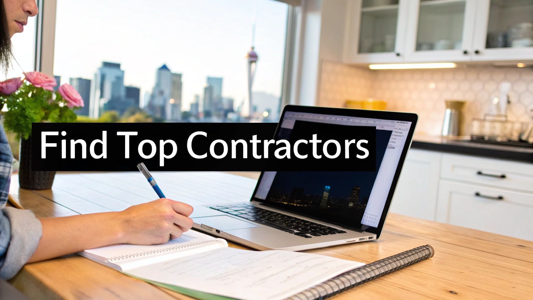 A person writing in a notebook at a desk with a laptop, city view, and kitchen, promoting 'Find Top Contractors'.