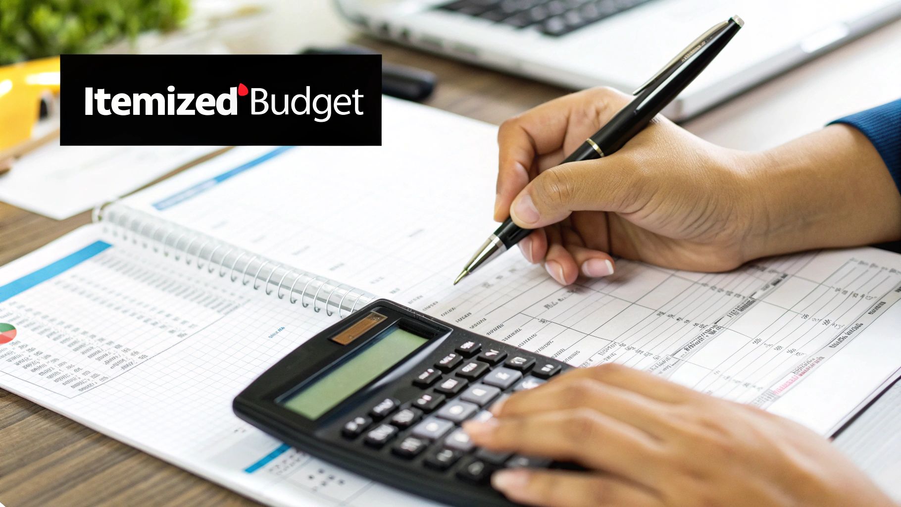 Hands calculating expenses on an itemized budget spreadsheet with a pen and calculator.