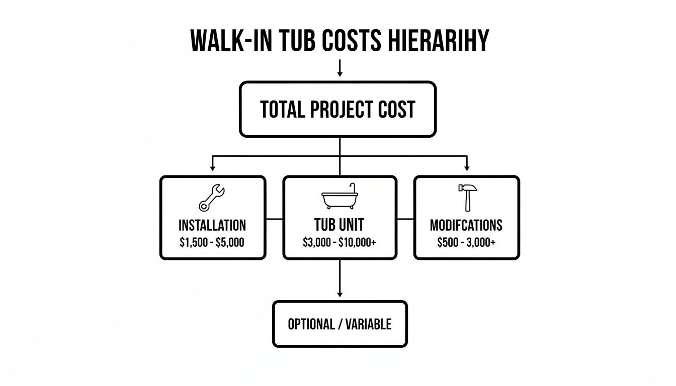 A hierarchy diagram illustrating walk-in tub project costs, including installation, tub unit, and modifications.