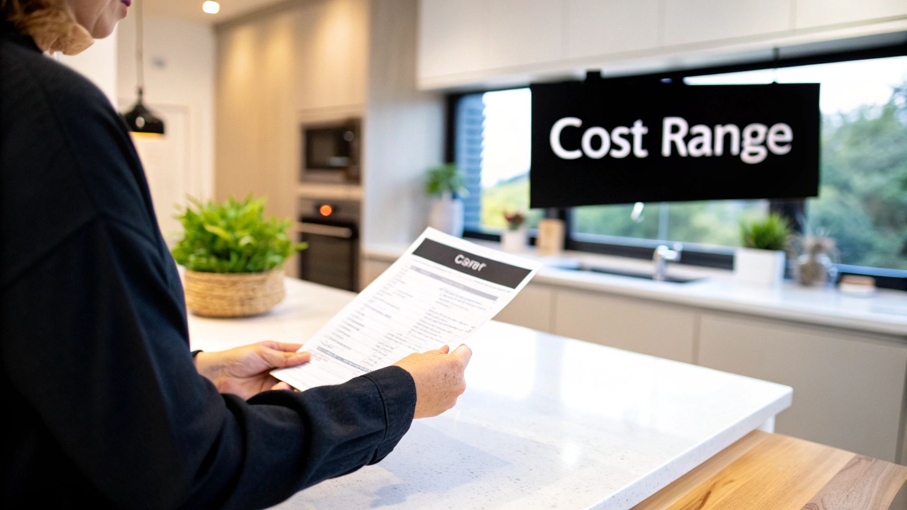 Person reviewing cost range document for home renovation project in modern kitchen