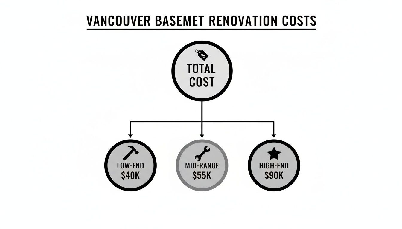 Flowchart detailing Vancouver basement renovation costs, showing low-end, mid-range, and high-end price ranges.