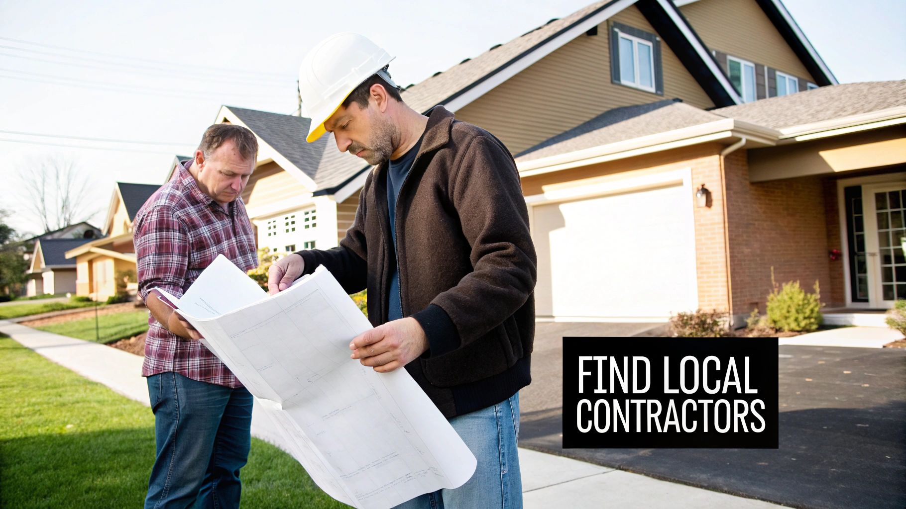 Two men, one in a hard hat, reviewing blueprints in front of a house.