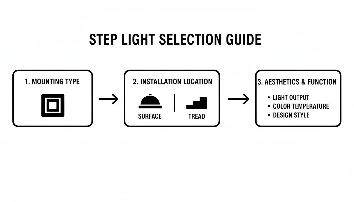 A step light selection guide outlining three steps: mounting type, installation location, and aesthetics & function.