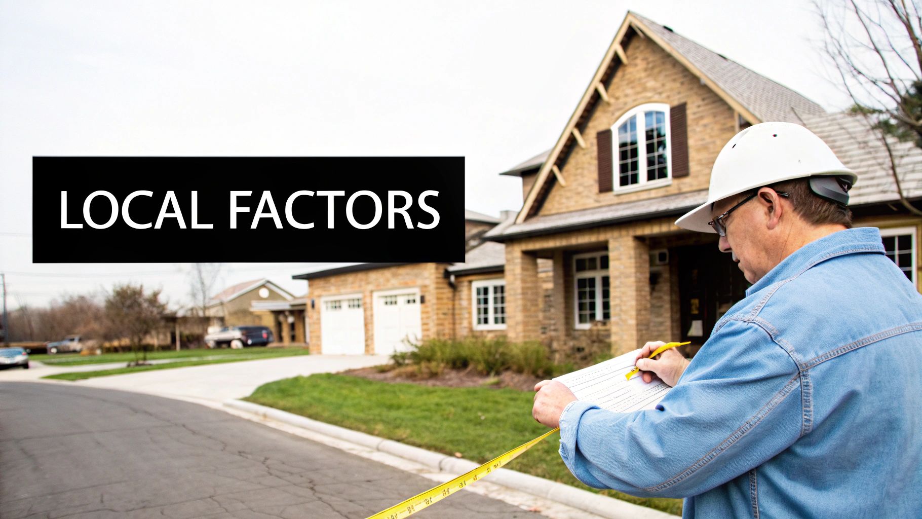 A professional in a hard hat inspecting a house with a clipboard and measuring tape, "LOCAL FACTORS" text overlay.