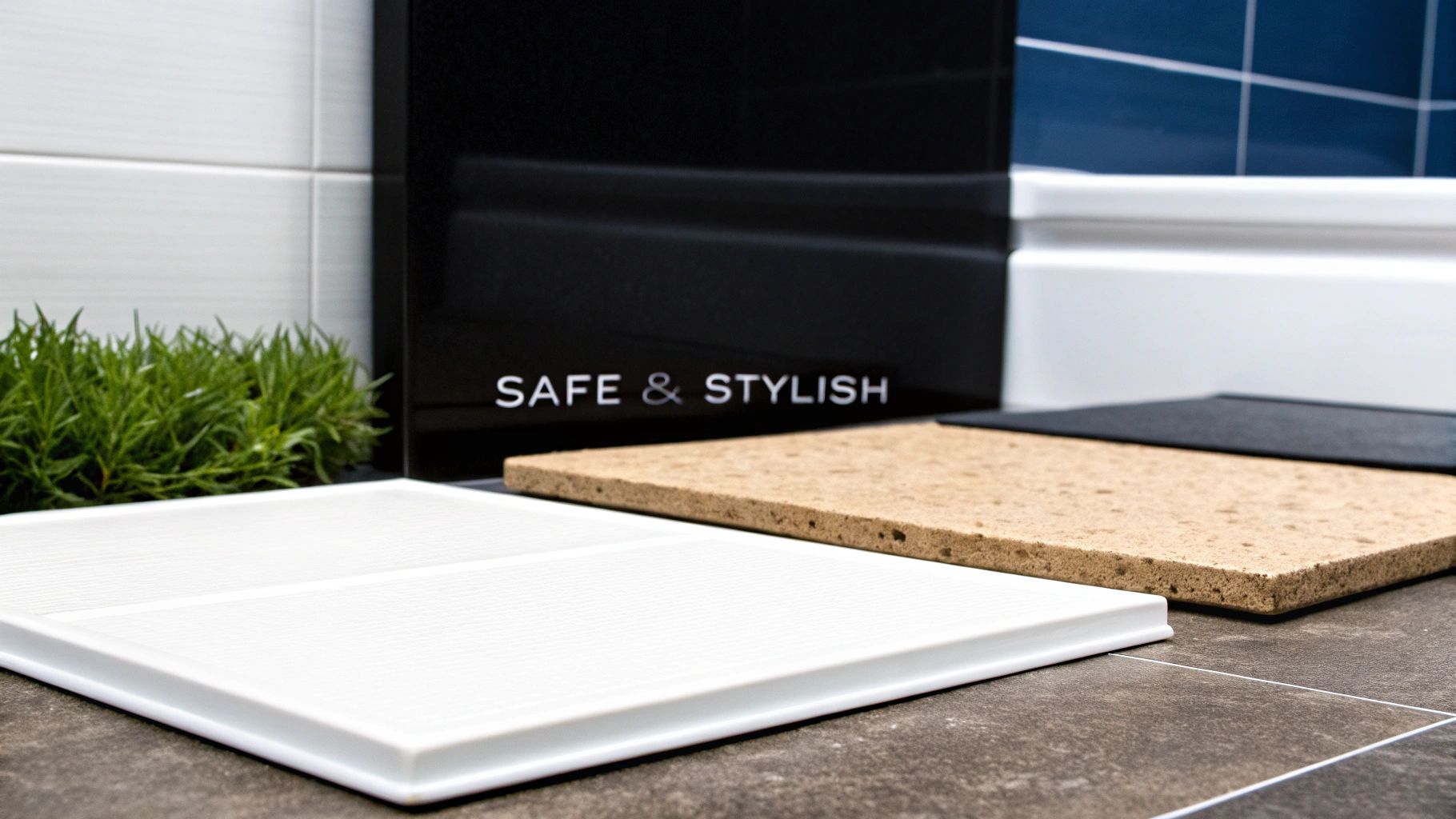 Various bath mats including white, beige diatomaceous earth, and black, alongside green plants in a stylish bathroom.