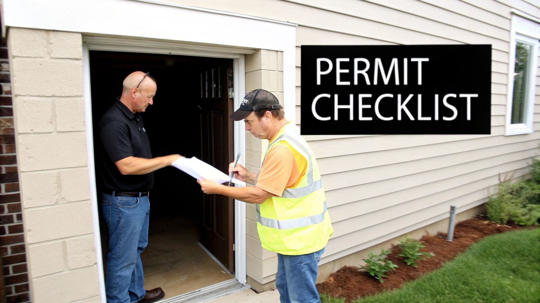 Two men, one in a high-visibility vest, review a permit checklist document outside a residential building.