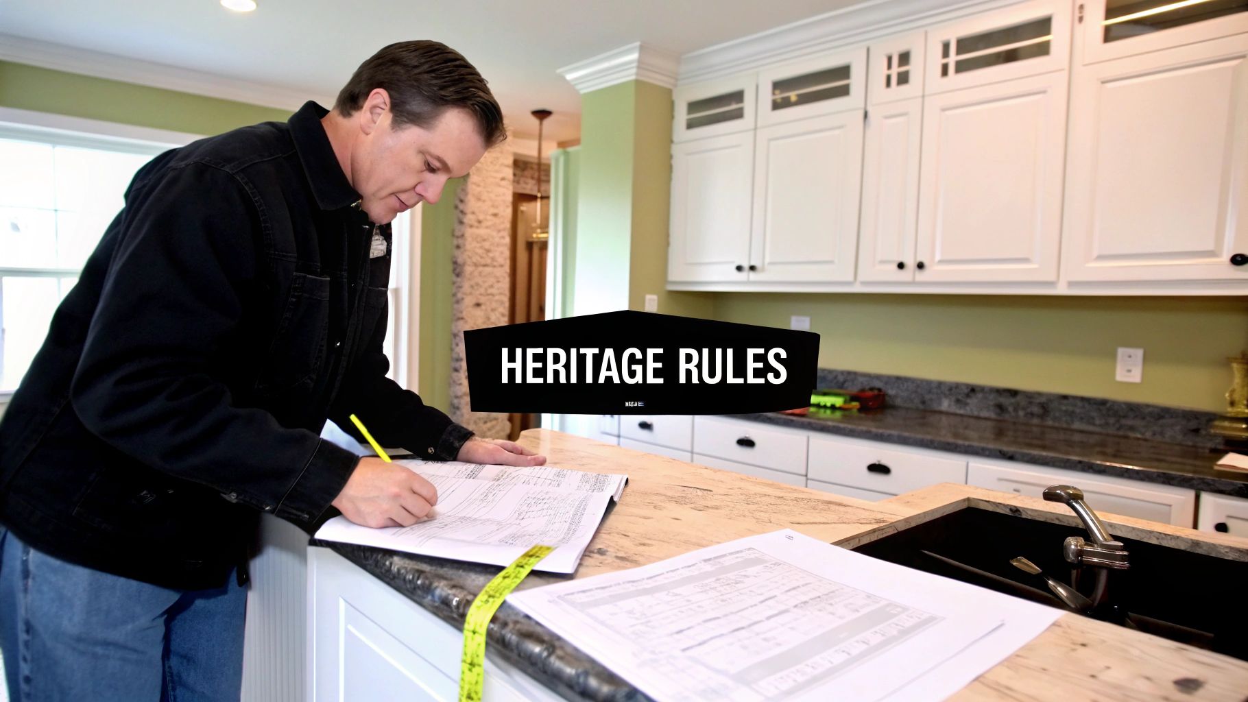 Man planning a kitchen remodel, reviewing blueprints with a pencil and measuring tape in a modern kitchen.