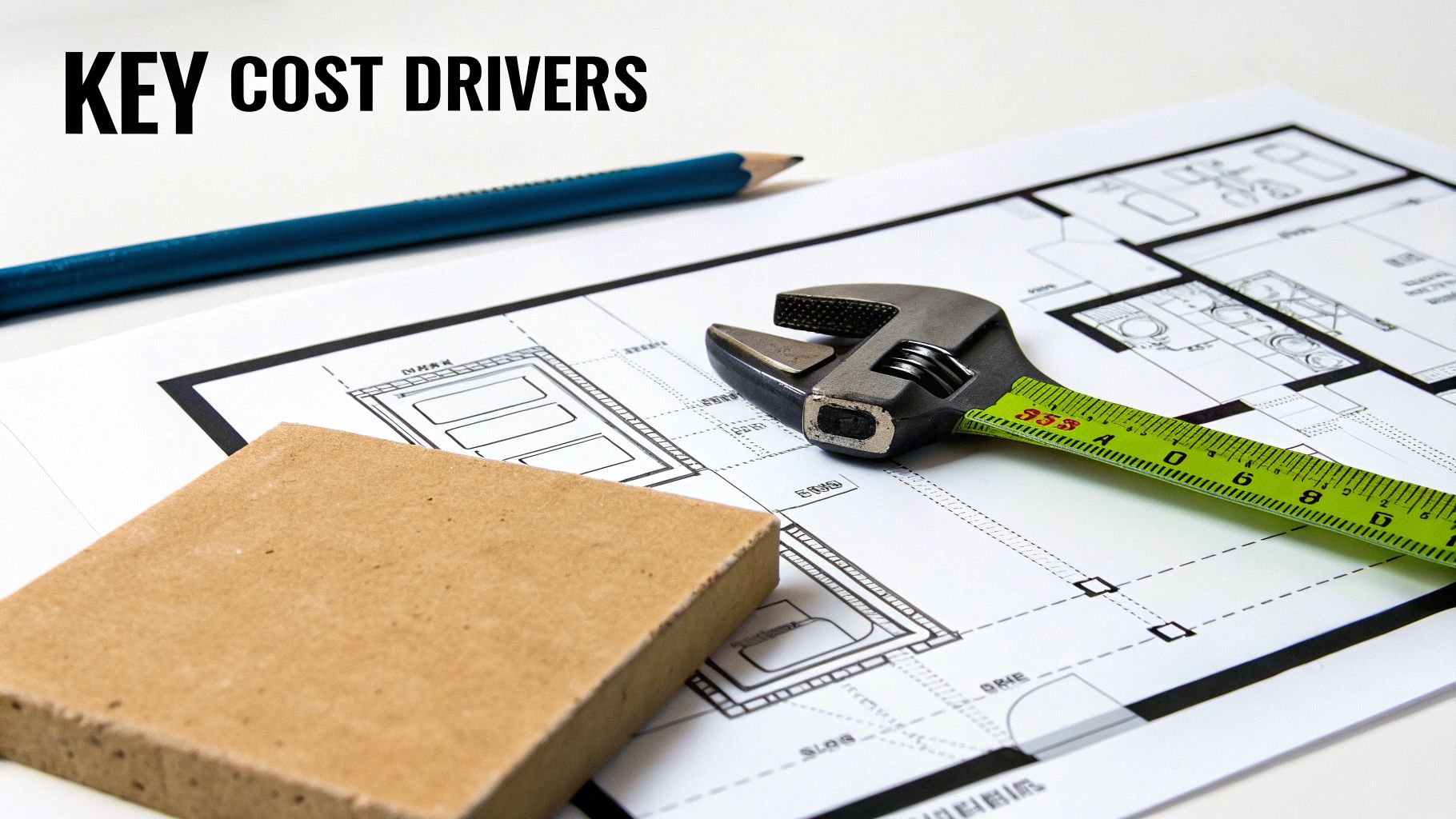 A blueprint with a pencil, wrench, tape measure, and building material, illustrating key cost drivers.