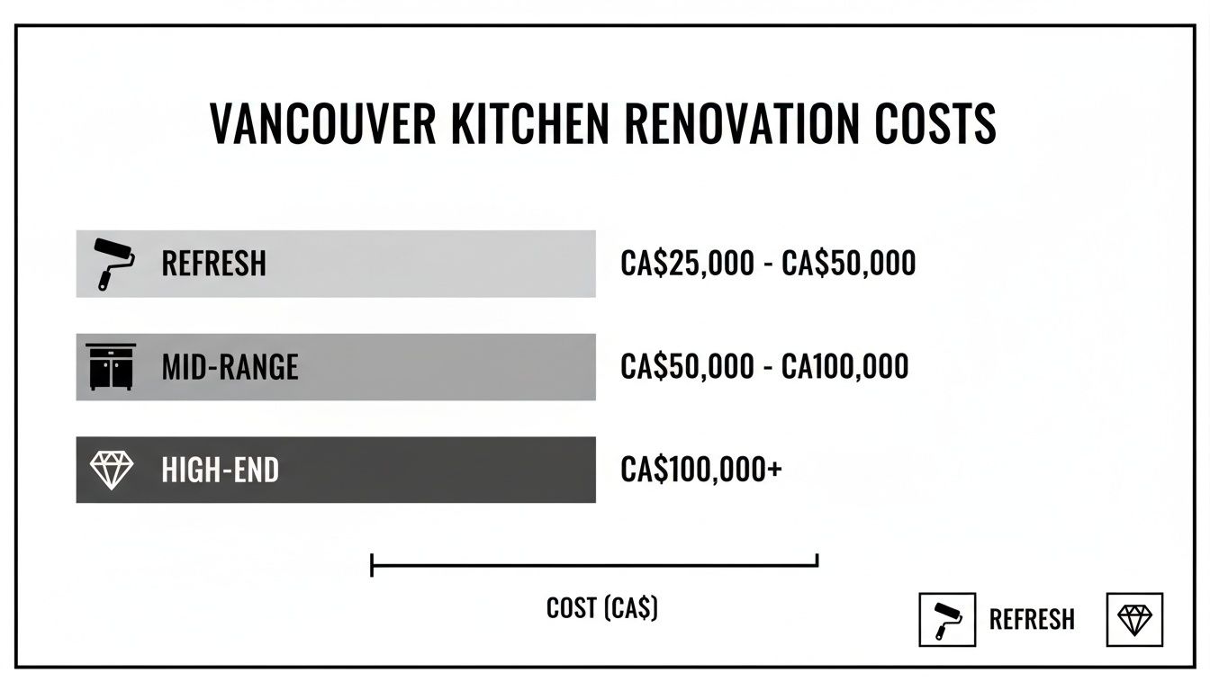 Chart showing Vancouver kitchen renovation costs: Refresh (CA$25K-CA$50K), Mid-Range (CA$50K-CA$100K), High-End (CA$100K+).
