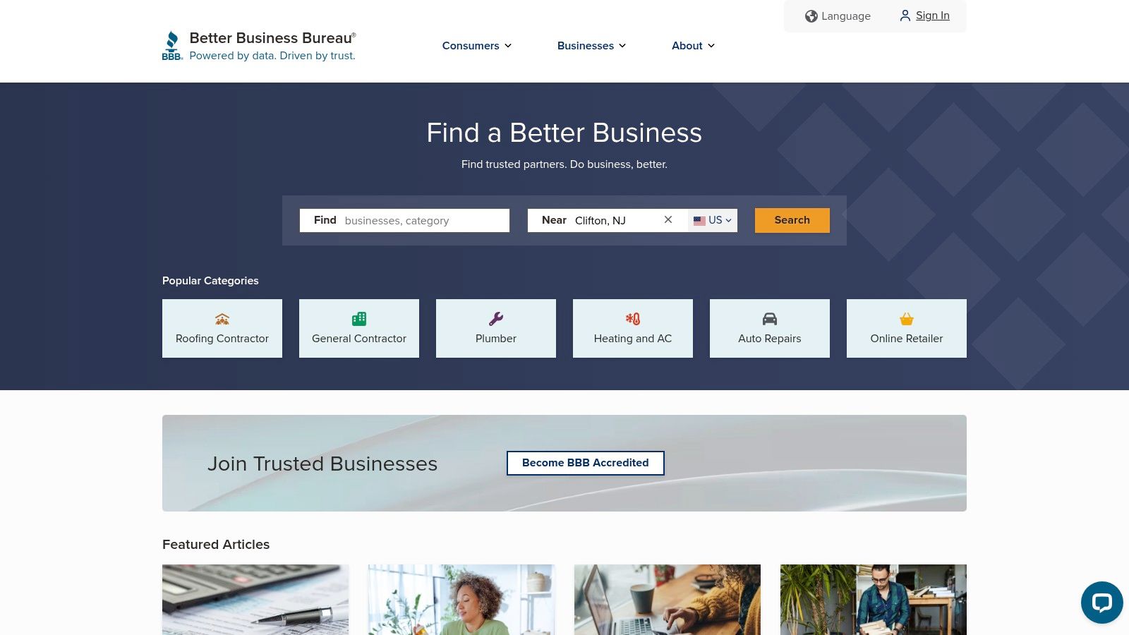 The business directory interface of the Better Business Bureau (BBB) – Mainland British Columbia website