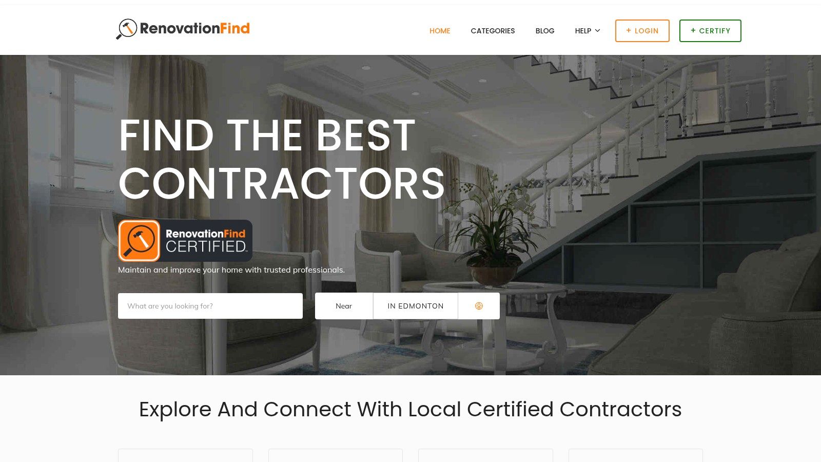 A general contractor's website on a laptop, representing the digital research phase on RenovationFind