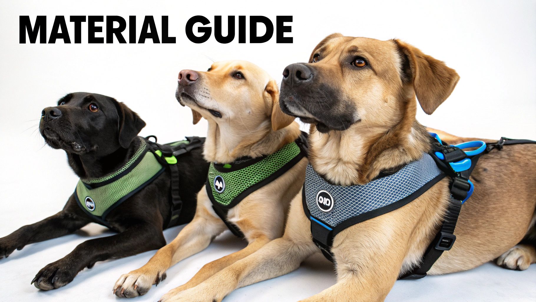 Three dogs, a black Labrador, a yellow Labrador, and a brown mixed breed, wearing different harnesses.