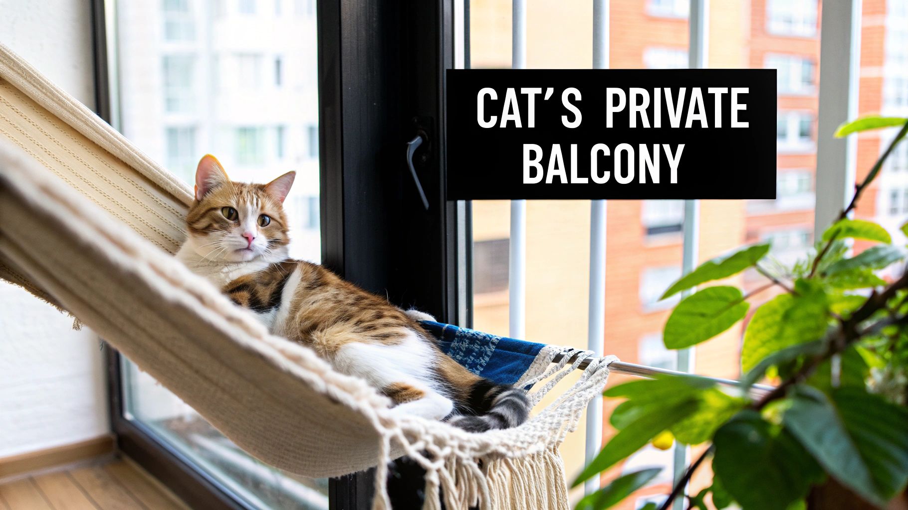 Orange and white tabby cat relaxing in beige hammock by window overlooking city buildings