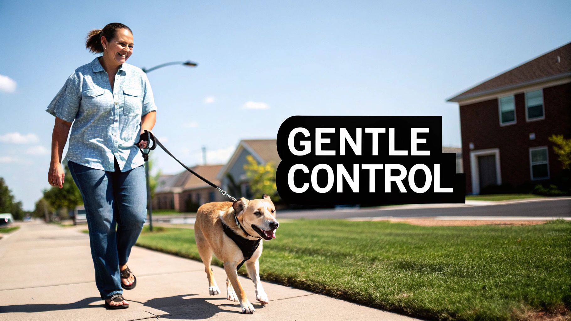 A smiling woman walks her dog on a leash and harness on a sunny sidewalk in a neighborhood.