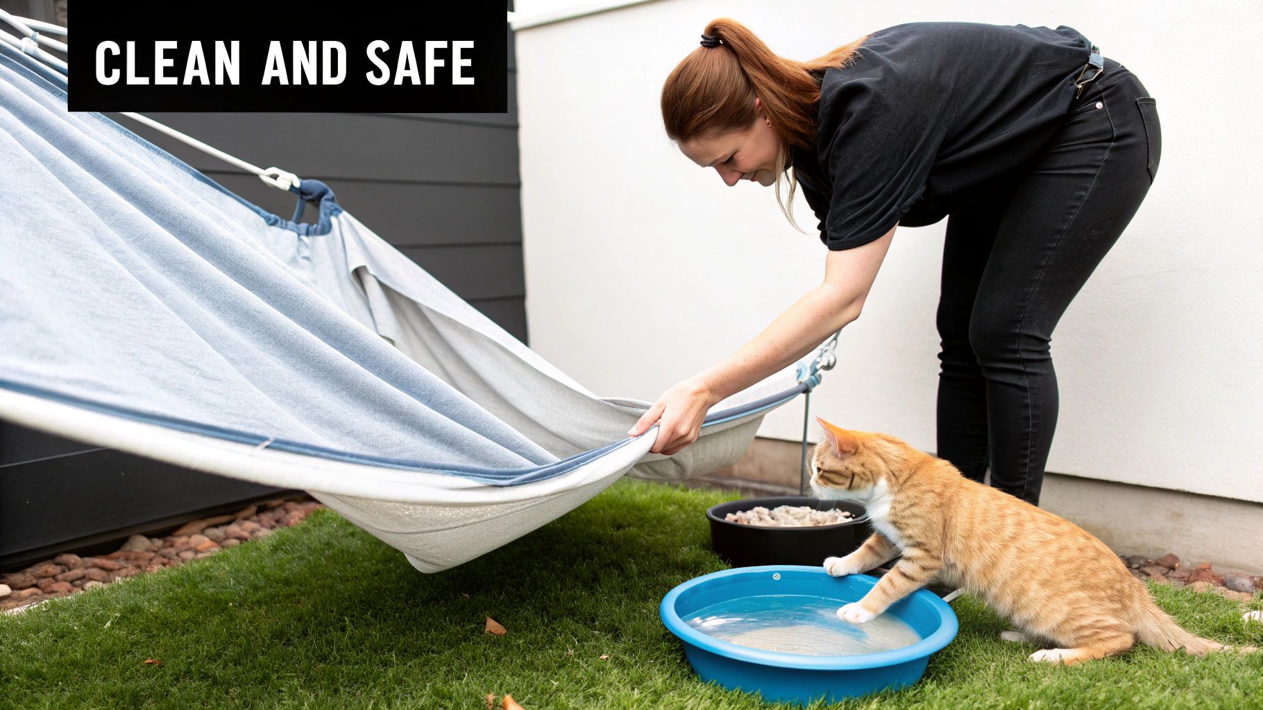 A person adjusts a cat window hammock outdoors, while an orange cat explores a water bowl on the grass.