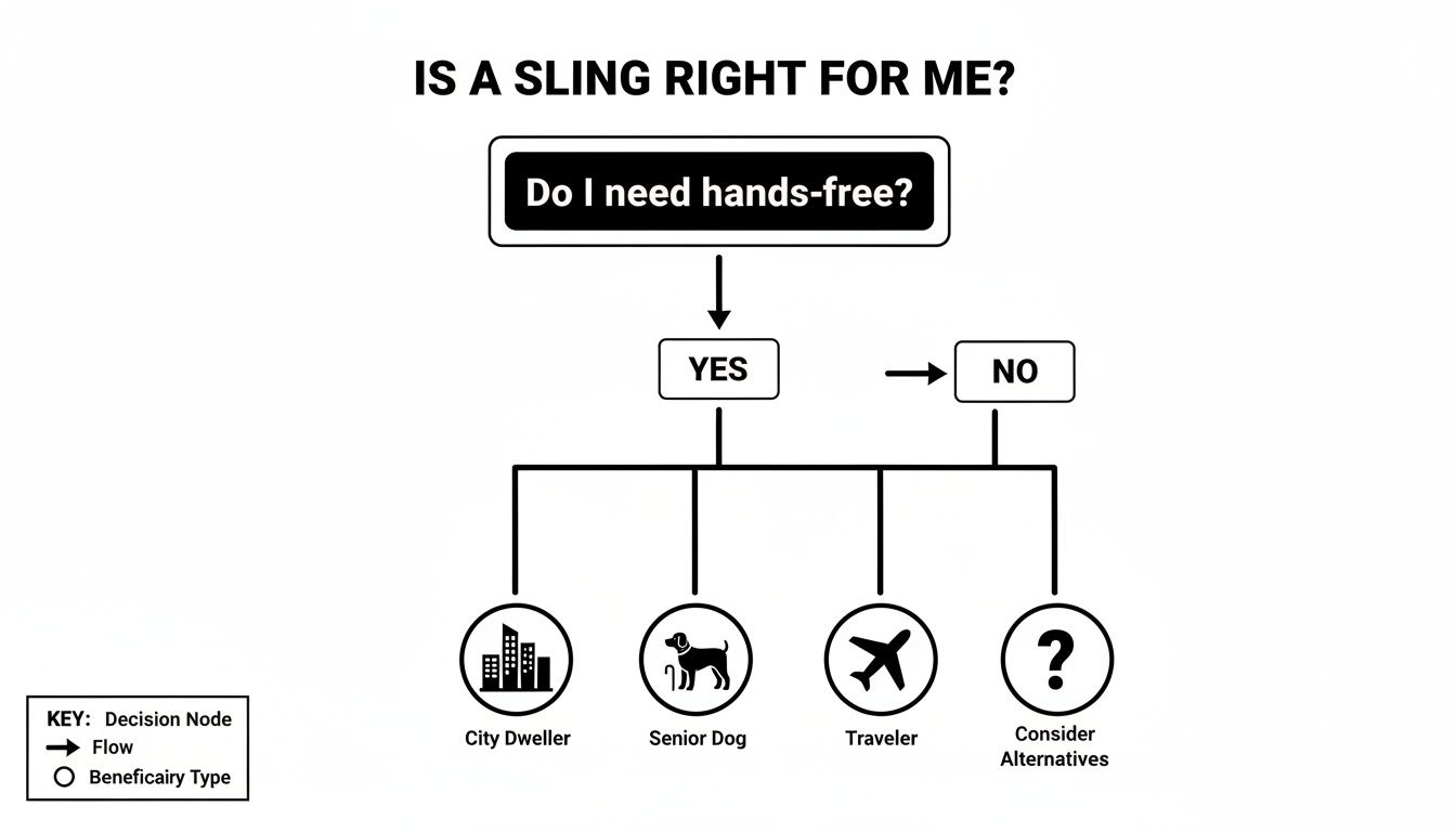 Decision tree flowchart: Is a sling right for me? It guides users based on needing hands-free options.