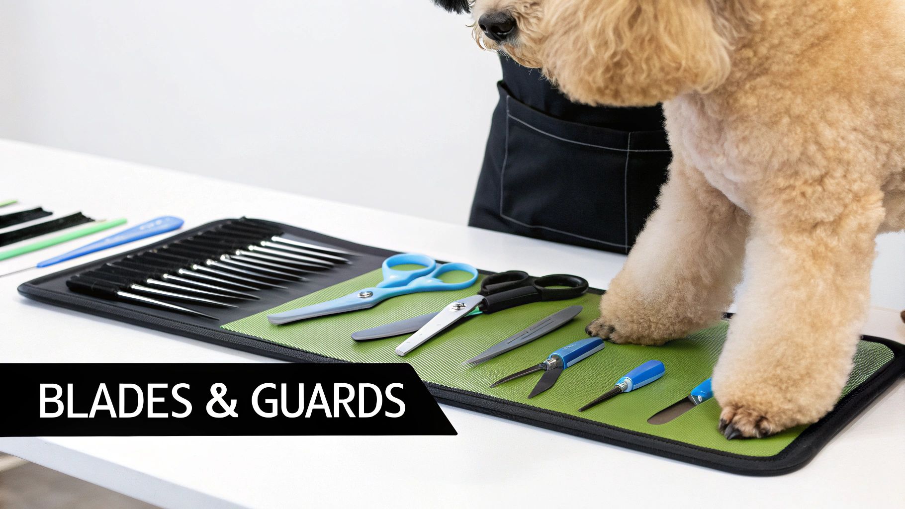 A groomed poodle stands on a green mat next to a collection of professional grooming blades, guards, and scissors.