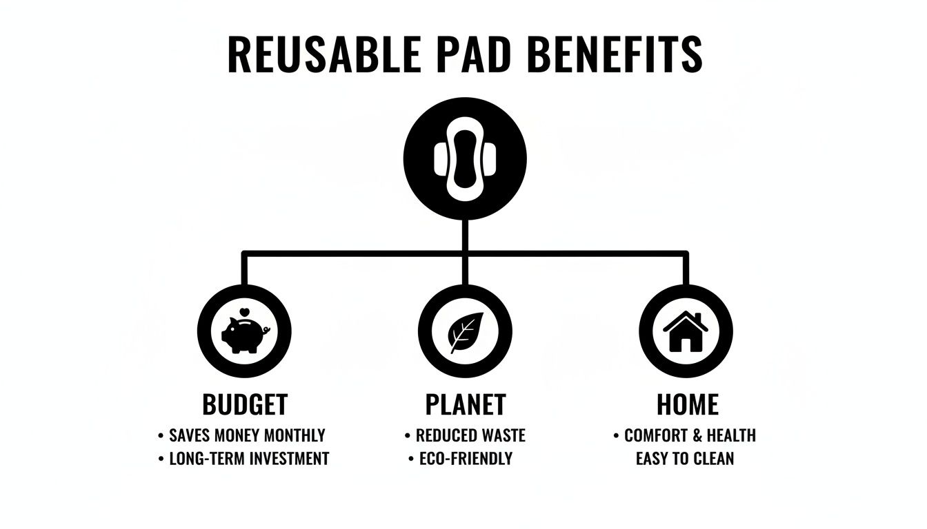 An infographic illustrating the benefits of reusable pads, detailing advantages for budget, planet, and home.
