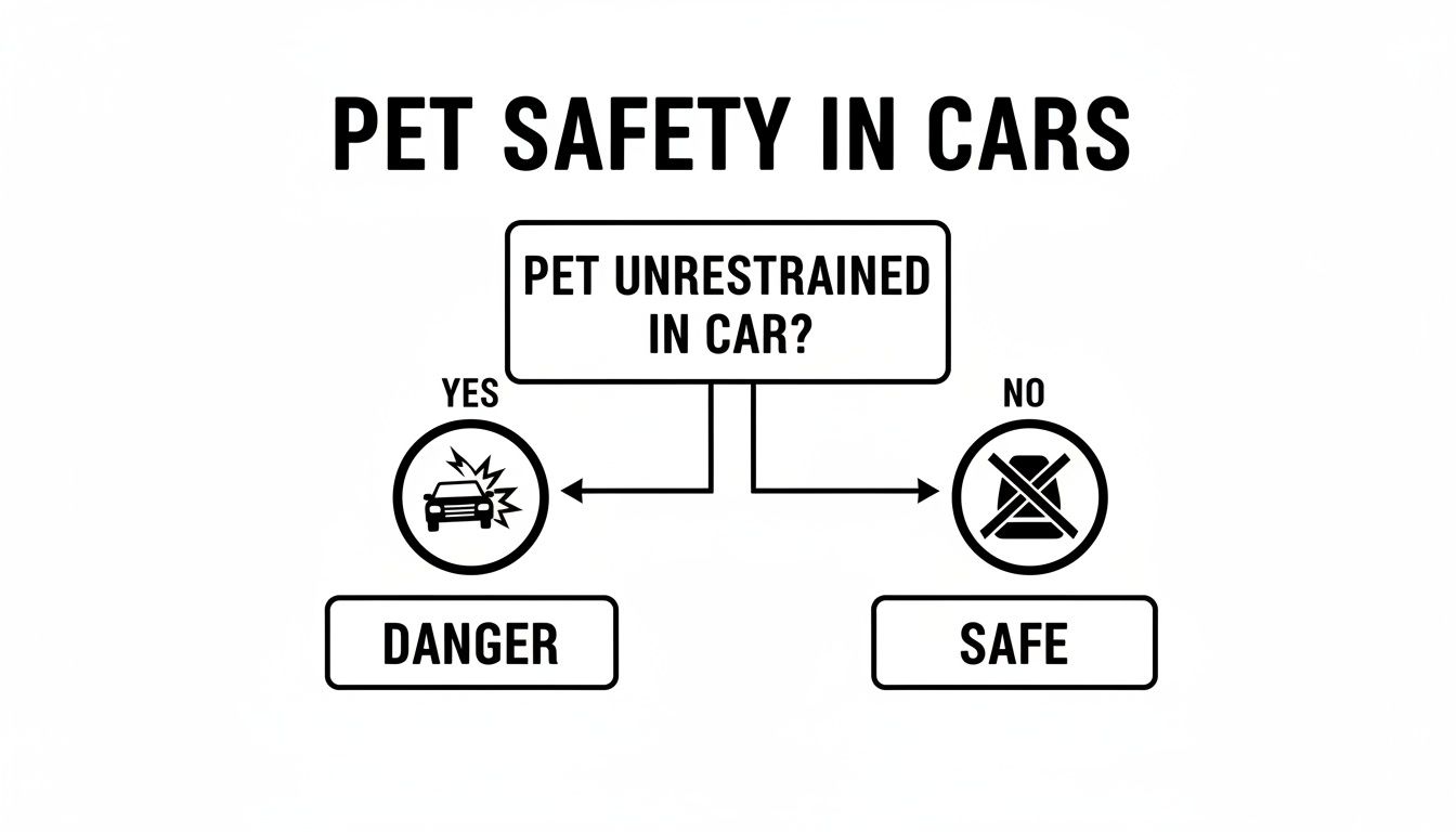 Flowchart about pet safety in cars, indicating that an unrestrained pet is in danger, while a restrained pet is safe.