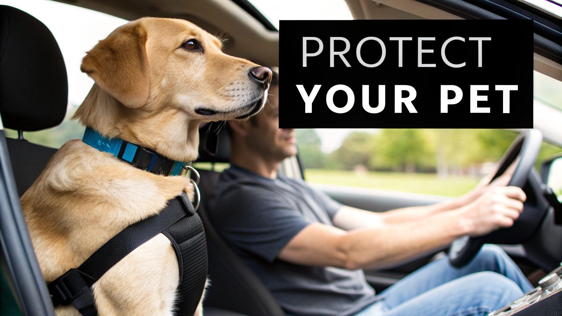 A golden dog secured in a car harness in the passenger seat with a driver, promoting pet safety.