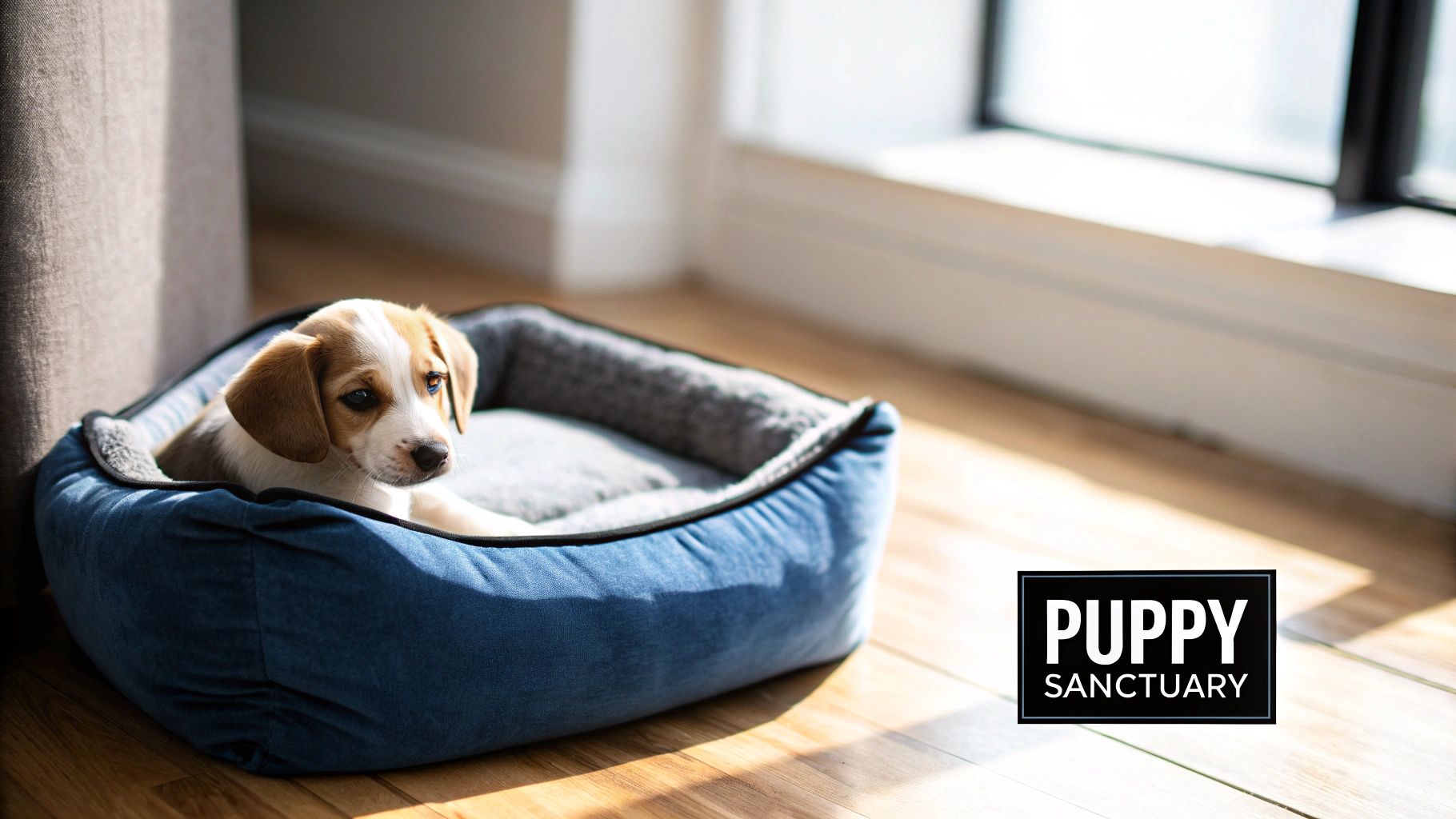 A small, fluffy puppy sleeping peacefully in a comfortable dog bed.