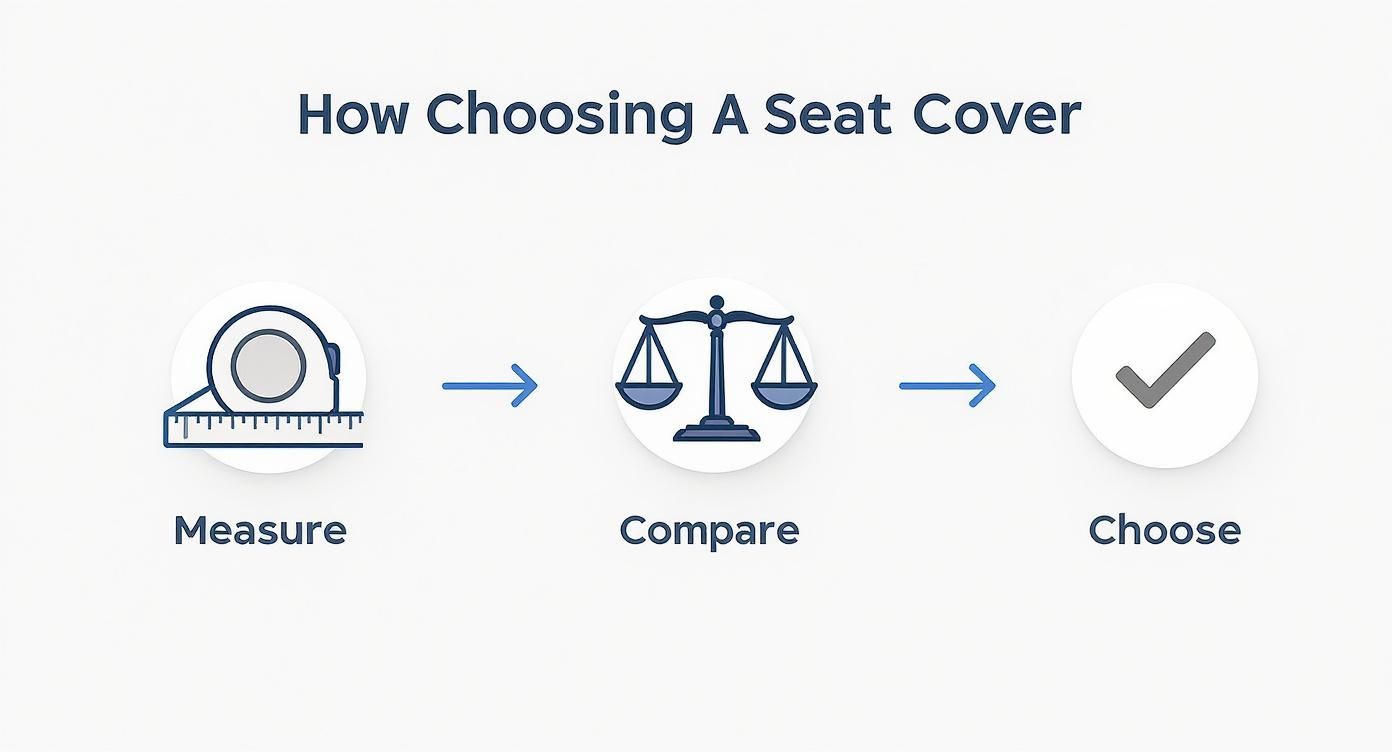Infographic showing the process of choosing a pet car hammock seat cover with icons for Measure, Compare, and Choose.