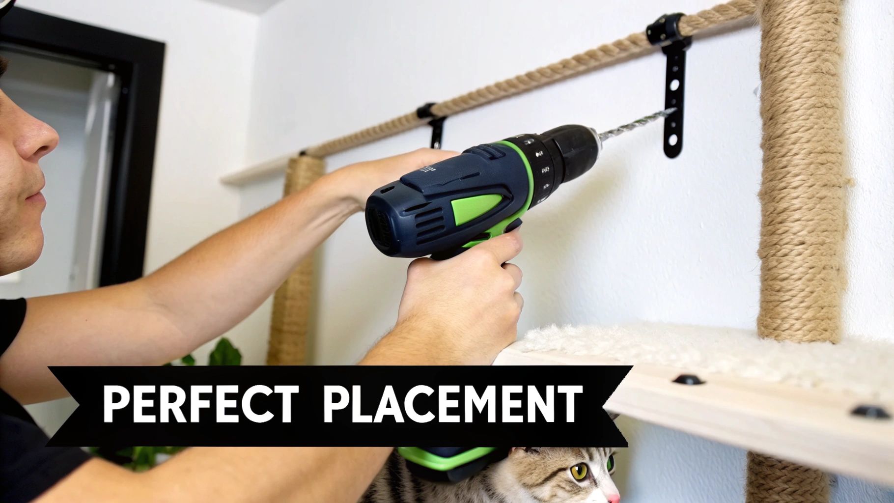 Person installing rope cat hammock on wall using cordless drill for perfect placement