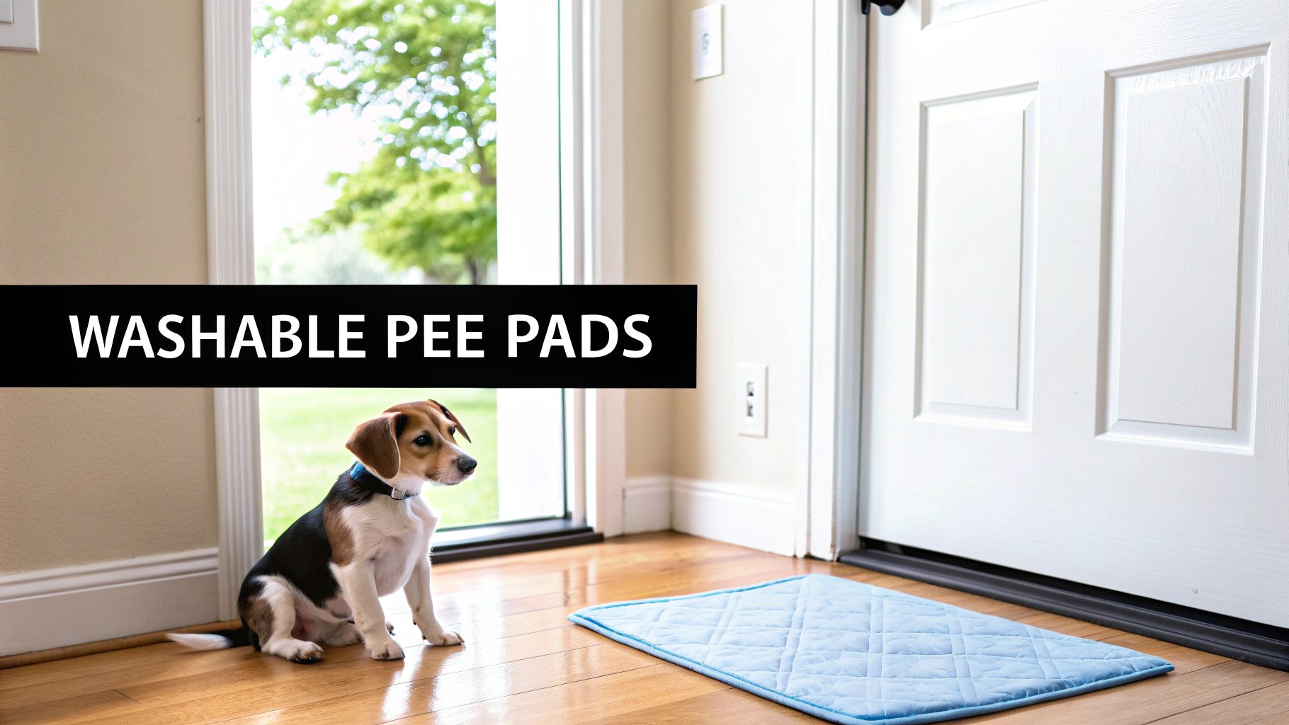 A small dog lying comfortably on a gray washable pee pad in a living room.