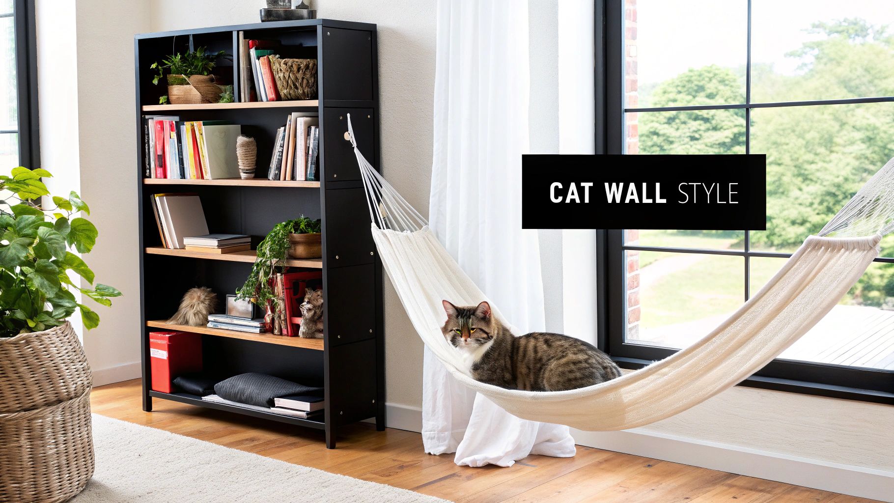 A cozy tabby cat relaxes in a white rope hammock by a sunny window, beside a black bookshelf.