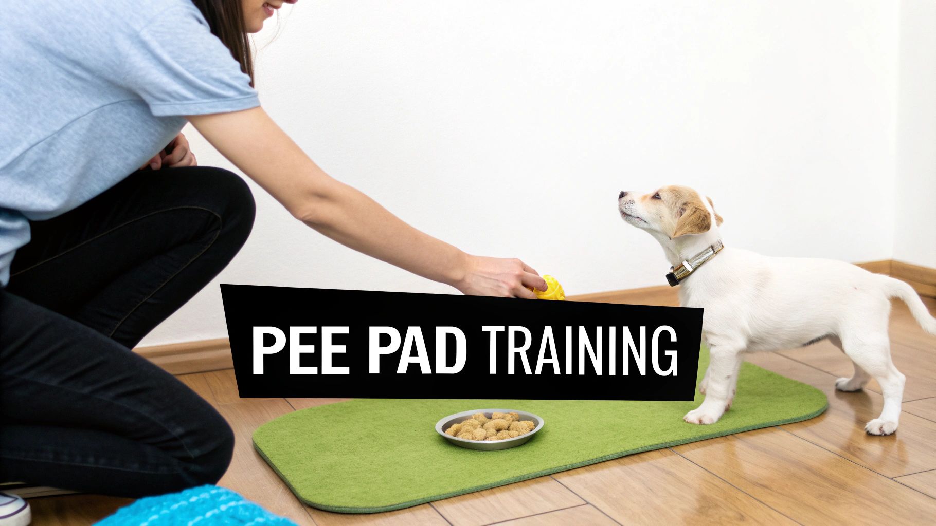 A person teaches a cute puppy on a green training pad, with a food bowl nearby, for housebreaking.