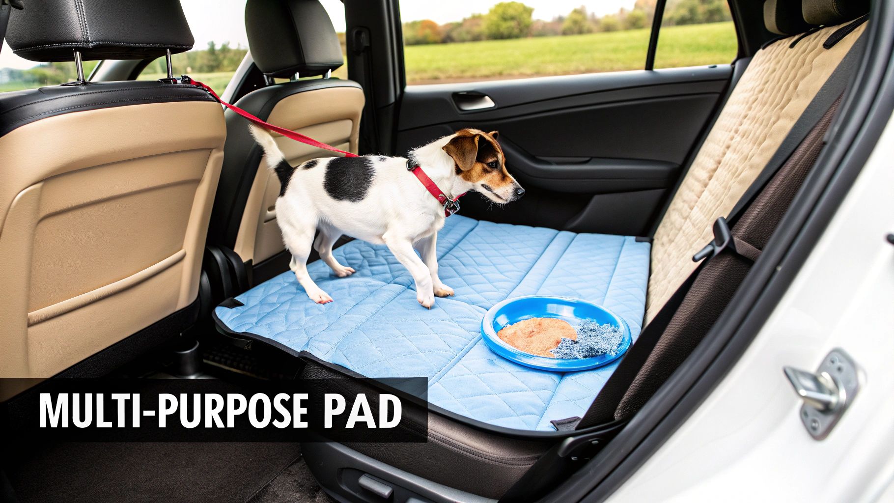 A small dog stands on a blue quilted pet pad in the back seat of a car with a bowl.