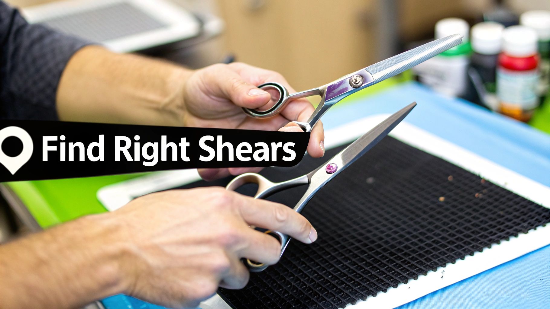 Close-up of hands holding two professional dog grooming shears, a straight and a thinning shear.