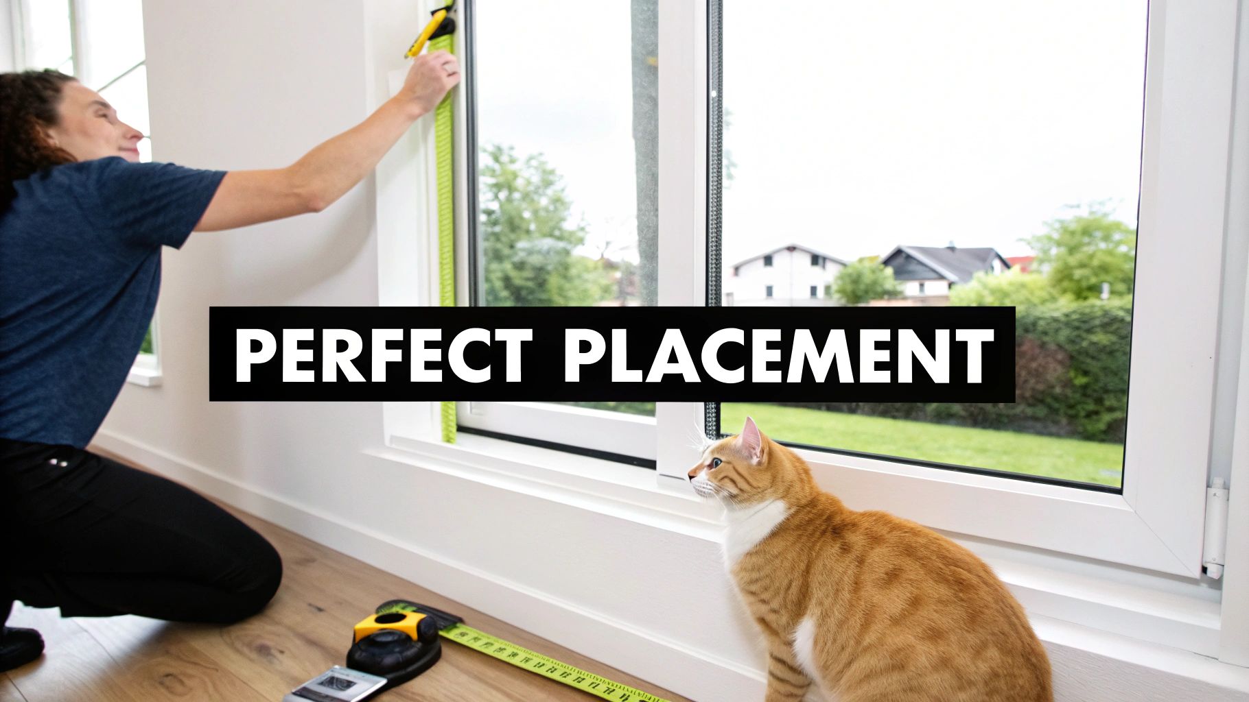 A person measures a window frame with a tape measure, watched by an orange cat.