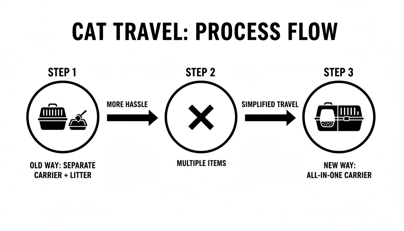 Process flow diagram showing cat travel solutions: separate carrier and litter, leading to an all-in-one carrier.