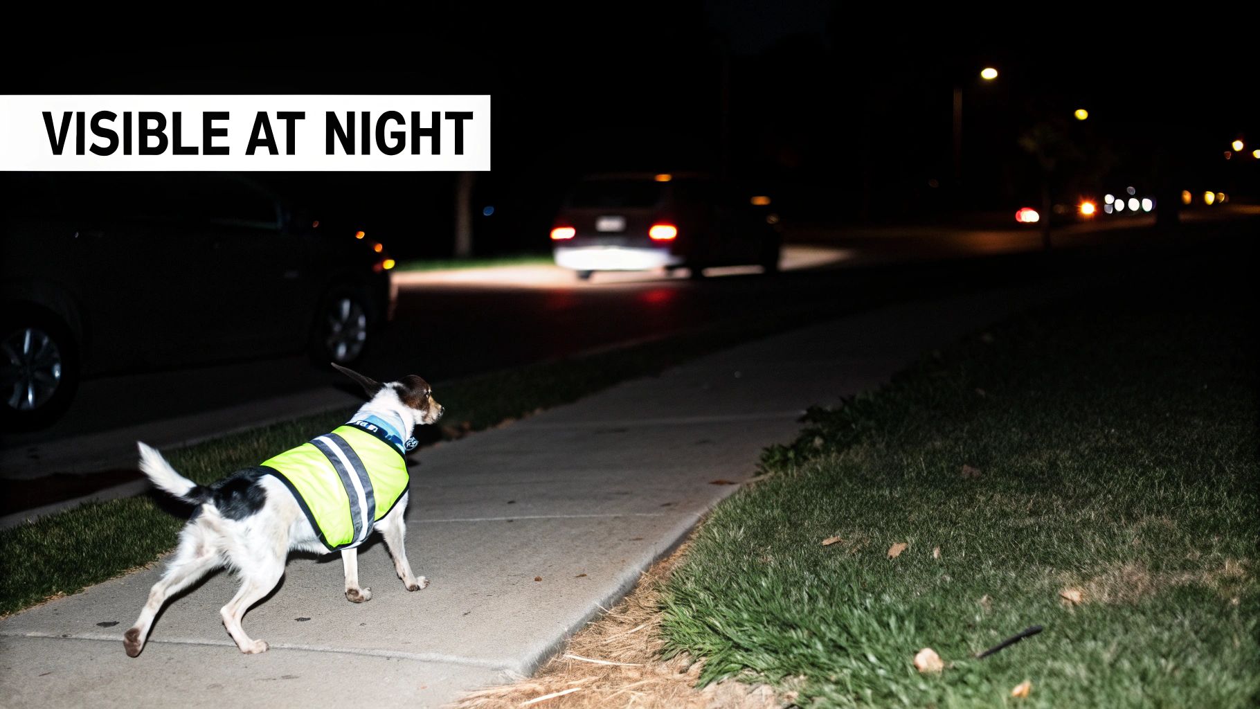 A small dog wearing an LED-lit safety vest during a night walk.