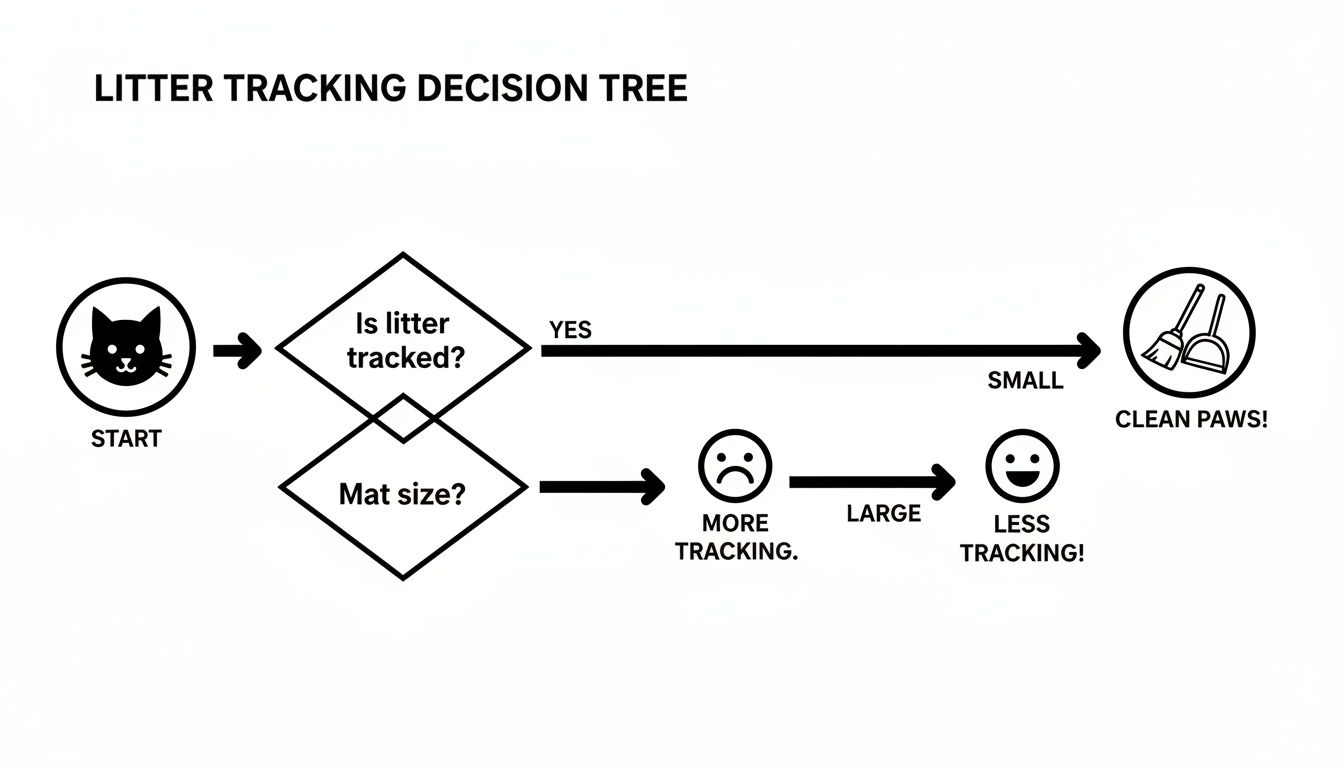 A decision tree diagram illustrating how mat size affects cat litter tracking.