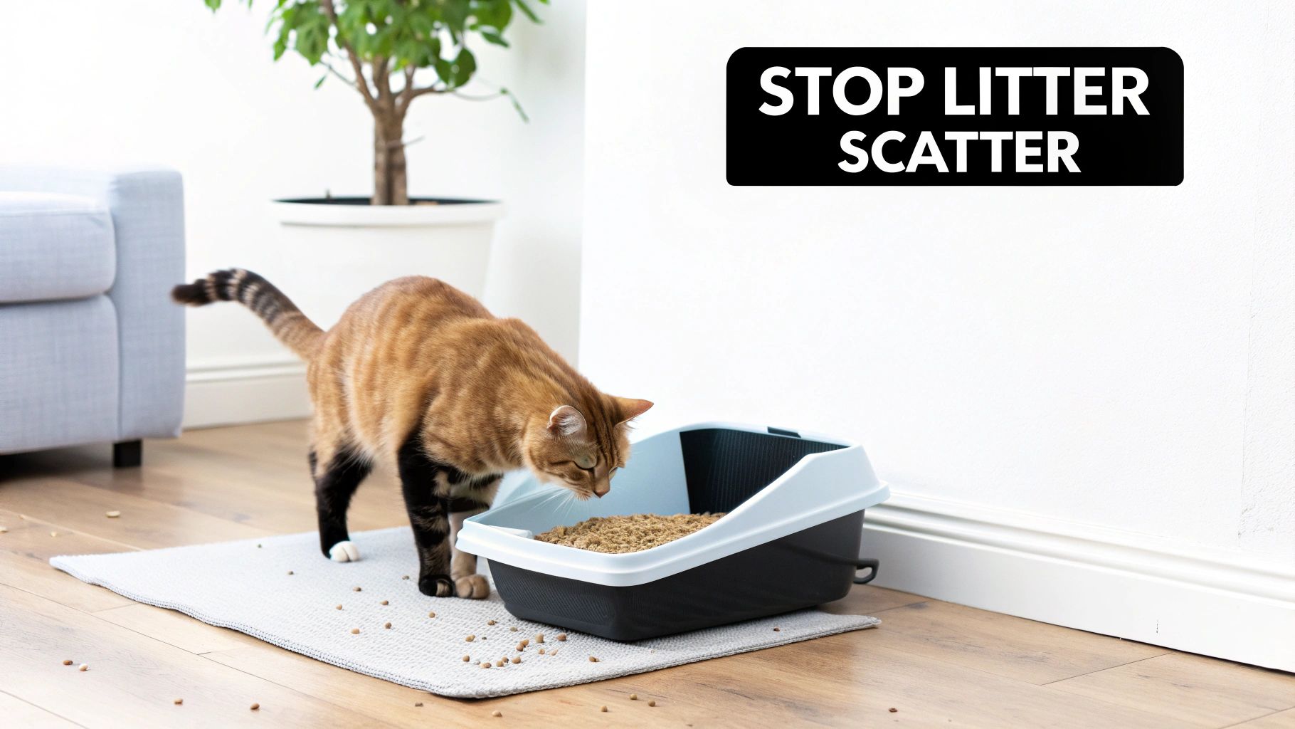 A ginger cat stands by a litter box on a mat, with litter scattered on the floor, highlighting litter scatter.